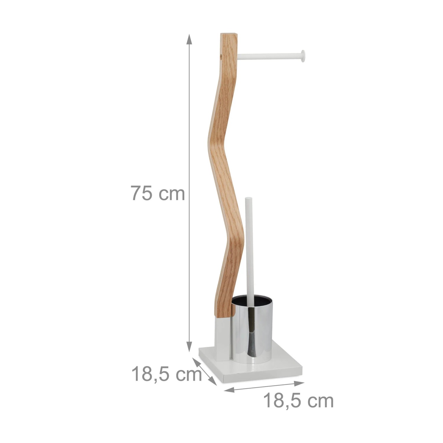 Moderne freistehende WC Garnitur aus weißem Stahl und geschwungenem Holz mit Toilettenpapierhalter und Bürste, 75 cm.