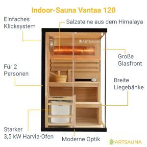 Artsauna Vantaa Sauna 120x120 mit 3,5 kW Ofen: 2-Personen-Sauna mit Glasfront, Salzsteinen und Zubehör.