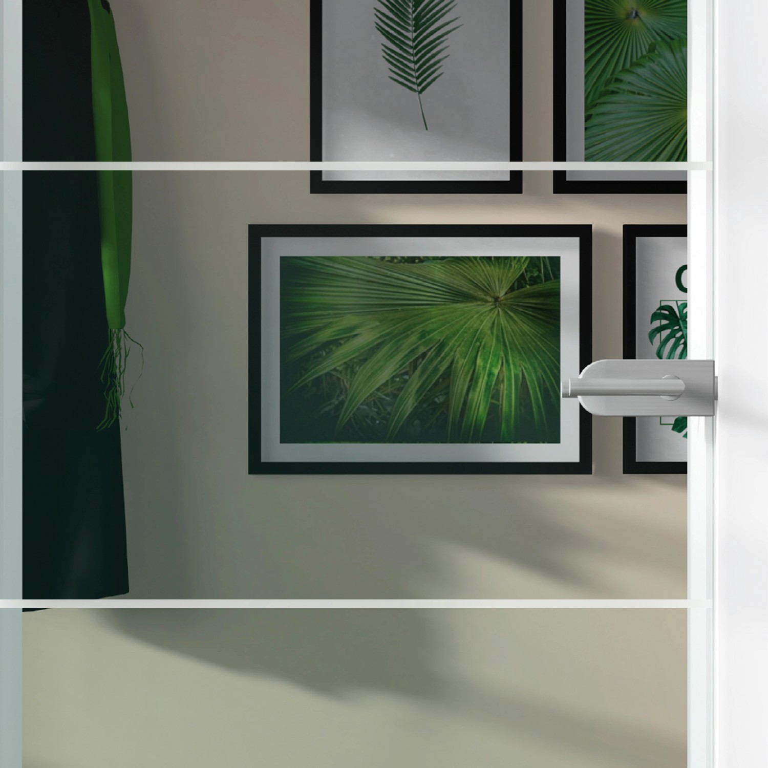 Glasdrehtür ESG Floatglas Dekor Siebdruck, DIN links, 2097x834x8 mm.