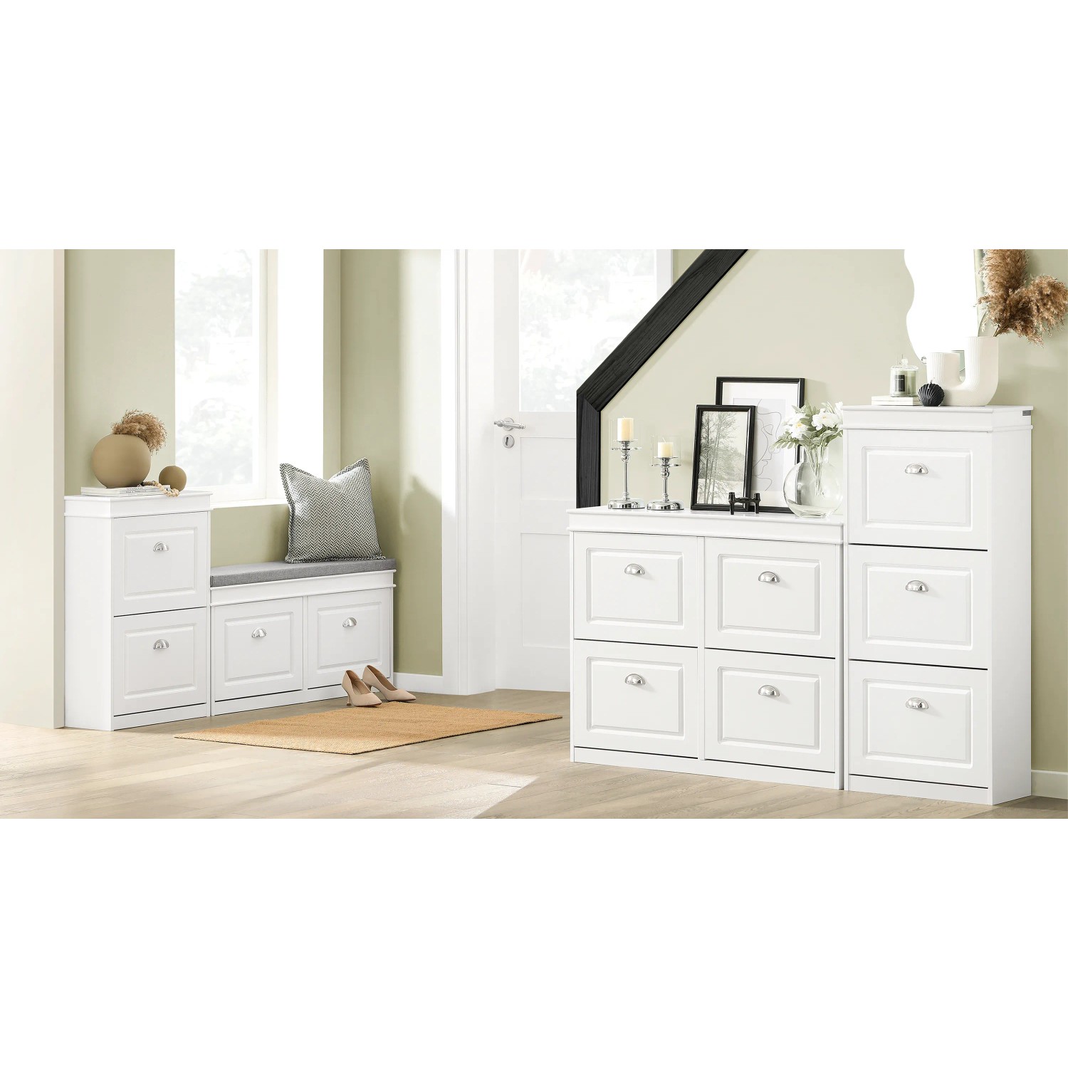 SoBuy Schuhbank FSR64-W mit 2 Klappen, Schuhkipper aus weißem MDF, 104cm breit.