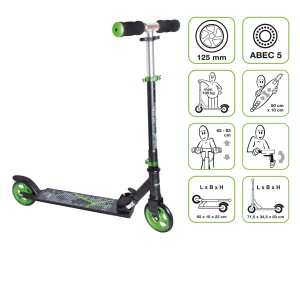 Muuwmi Tretroller, schwarz-grün, mit 125 mm Rollen, ABEC 5 Kugellager und höhenverstellbarem Lenker.
