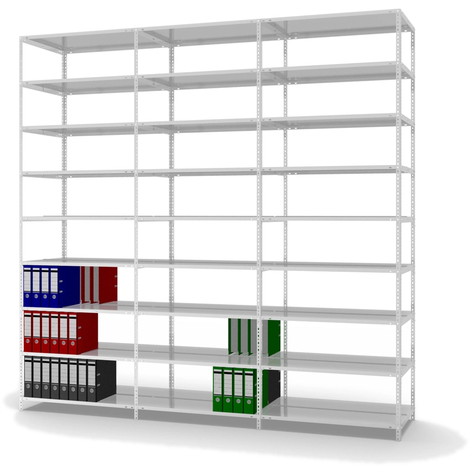 Lichtgraues PROREGAL Aktenregal mit 9 Ebenen, beidseitig nutzbar, Fachlast 90kg, Schraubsystem.