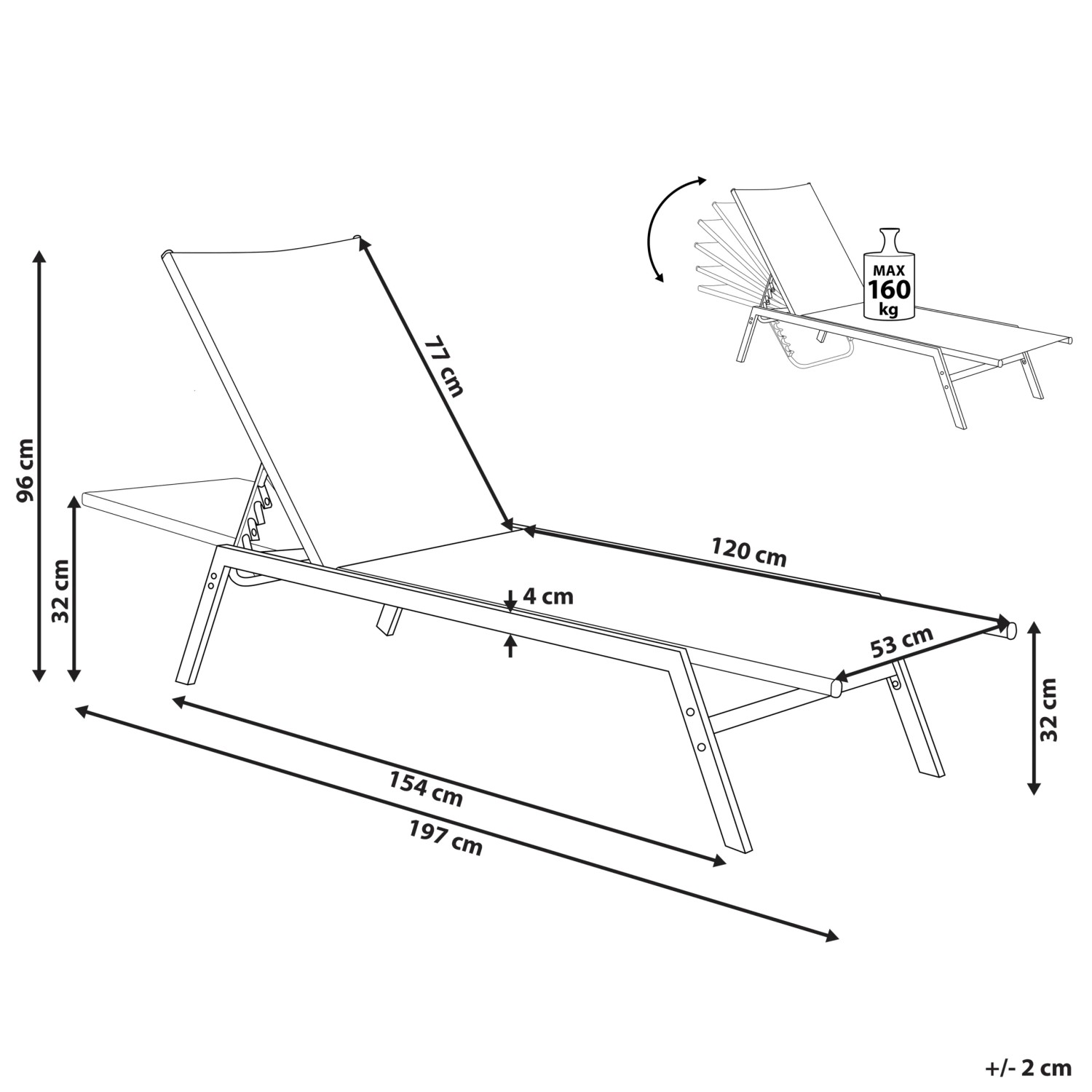 Skizze einer weißen Beliani Gartenliege (154x53x32) mit verstellbarer Rückenlehne und silbernem Gestell.