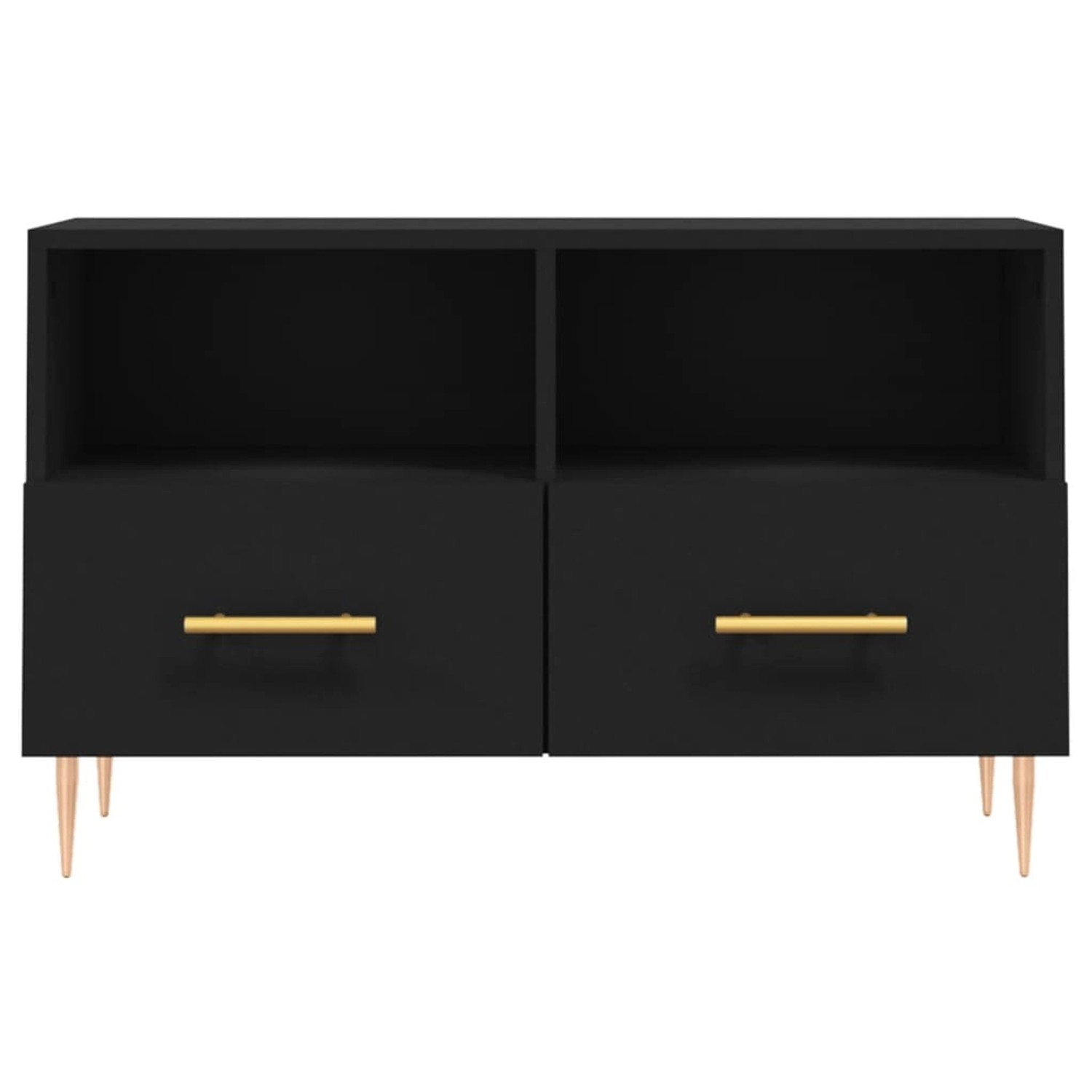 Schwarzer VidaXL TV-Schrank (80 cm) mit 2 Fächern, 2 Schubladen und goldenen Griffen.