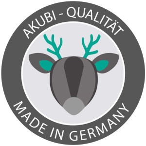 Akubi Qualitätssiegel Made in Germany mit stilisiertem Hirschkopf.