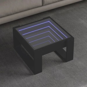 Schwarzer Couchtisch mit Infinity-LED-Spiegelplatte und blauer Beleuchtung. Moderner Beistelltisch aus Holzwerkstoff und Glas.