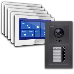 Goliath Basic Line 5-Familienhaus Video Türsprechanlage Monitor Weiß - Anthrazit Ausenstation Aufputz Dose