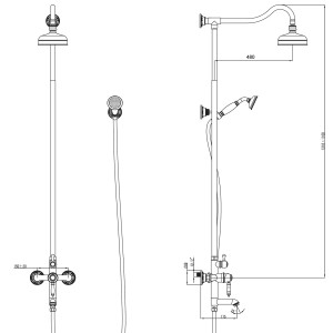 Technische Zeichnung: PaulGurkes Duschsystem Nostalgie Schwarz mit Regendusche, Handbrause und Auslauf.