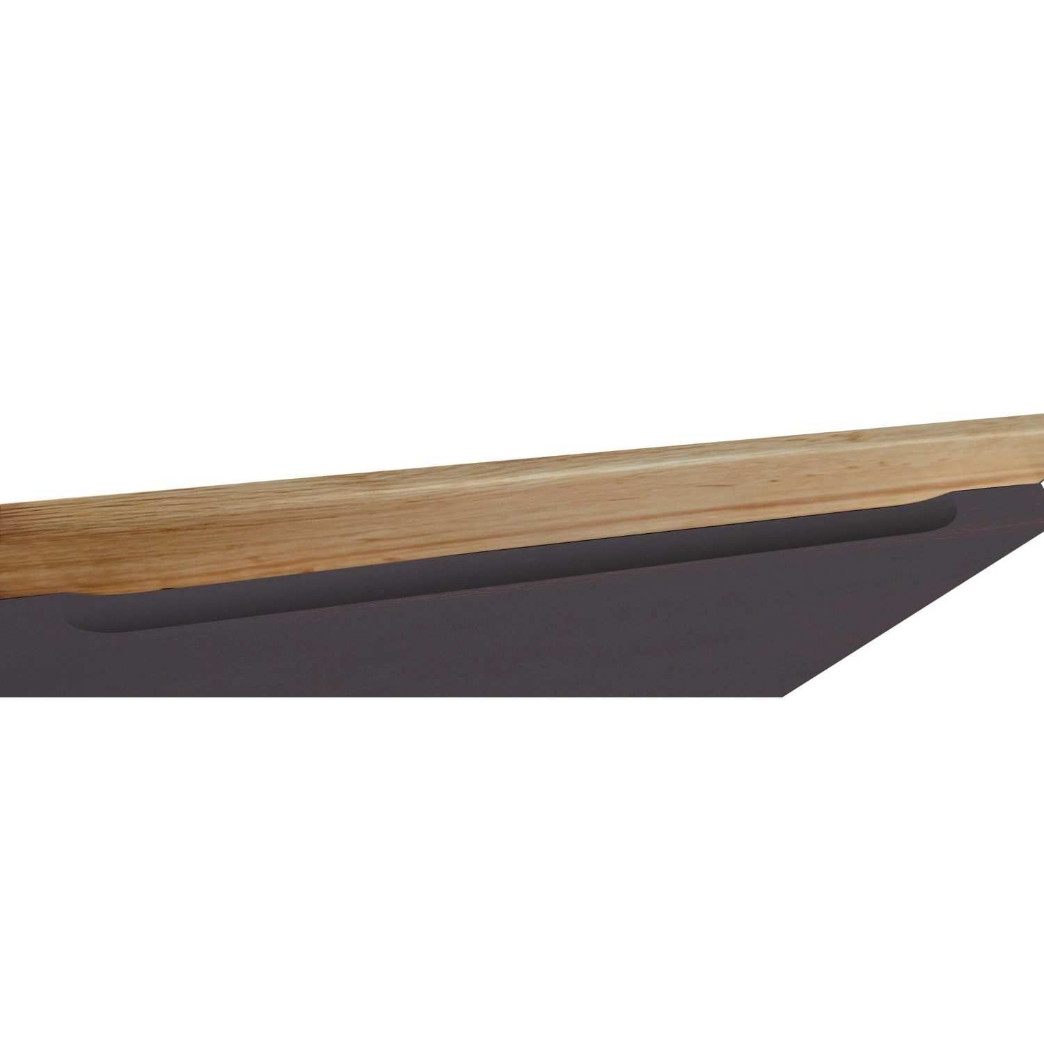 Detailansicht: Graphitfarbene Held Möbel Winkelküche Turin mit Arbeitsplatte in Wotaneiche.