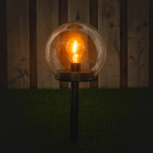 Schwarze Solarleuchte Benoni mit Erdspieß, 7lm, 2000K, IP44. Solar-Kugel für den Garten.