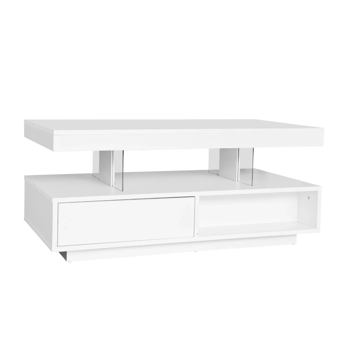 Okwish Couchtisch Mit 4 Glasplatten 2 Schubladen Fächern 95x50x42.5cm Hochglanz Weiß