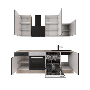 Flex-Well Exclusiv Küche Capri, 220 cm, Schwarz Matt/Eiche, mit E-Geräten und Spüle.