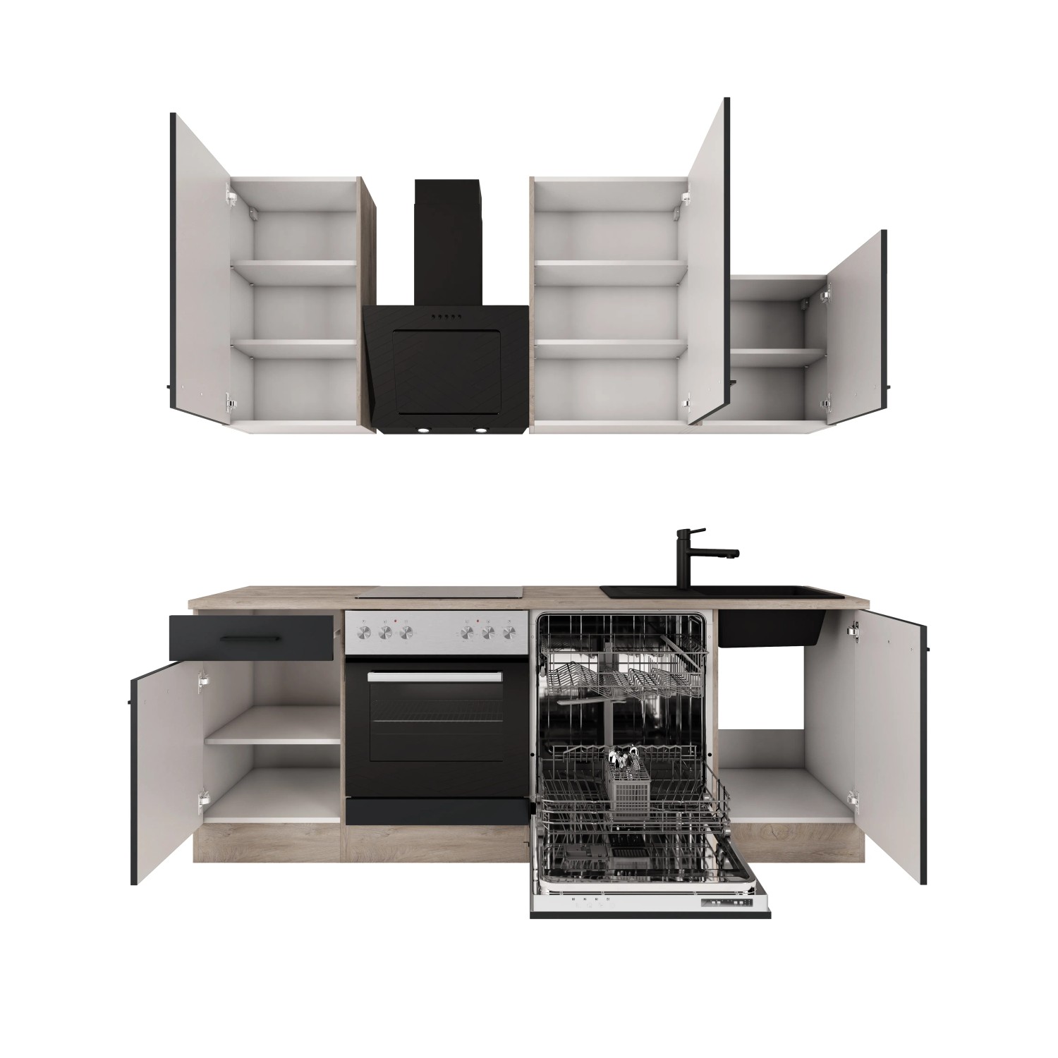 Flex-Well Exclusiv Küche Capri, 220 cm, Schwarz Matt/Eiche, mit E-Geräten und Spüle.