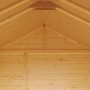 Innenansicht Holz-Gartenhaus Osterbek: Dachkonstruktion und Holzwände aus Fichte.