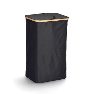 Schwarzer Zeller Wäschesammler mit Tragetasche, eckig, mit Deckel und Bambusrand.