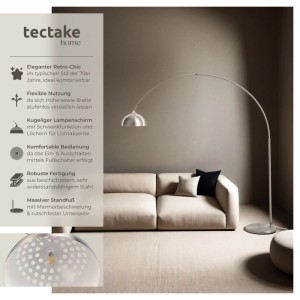 Tectake Arcus Bogenleuchte, Nickel matt, 70er Retro Stil, mit gebogenem Arm und perforiertem Schirm im Wohnzimmer.
