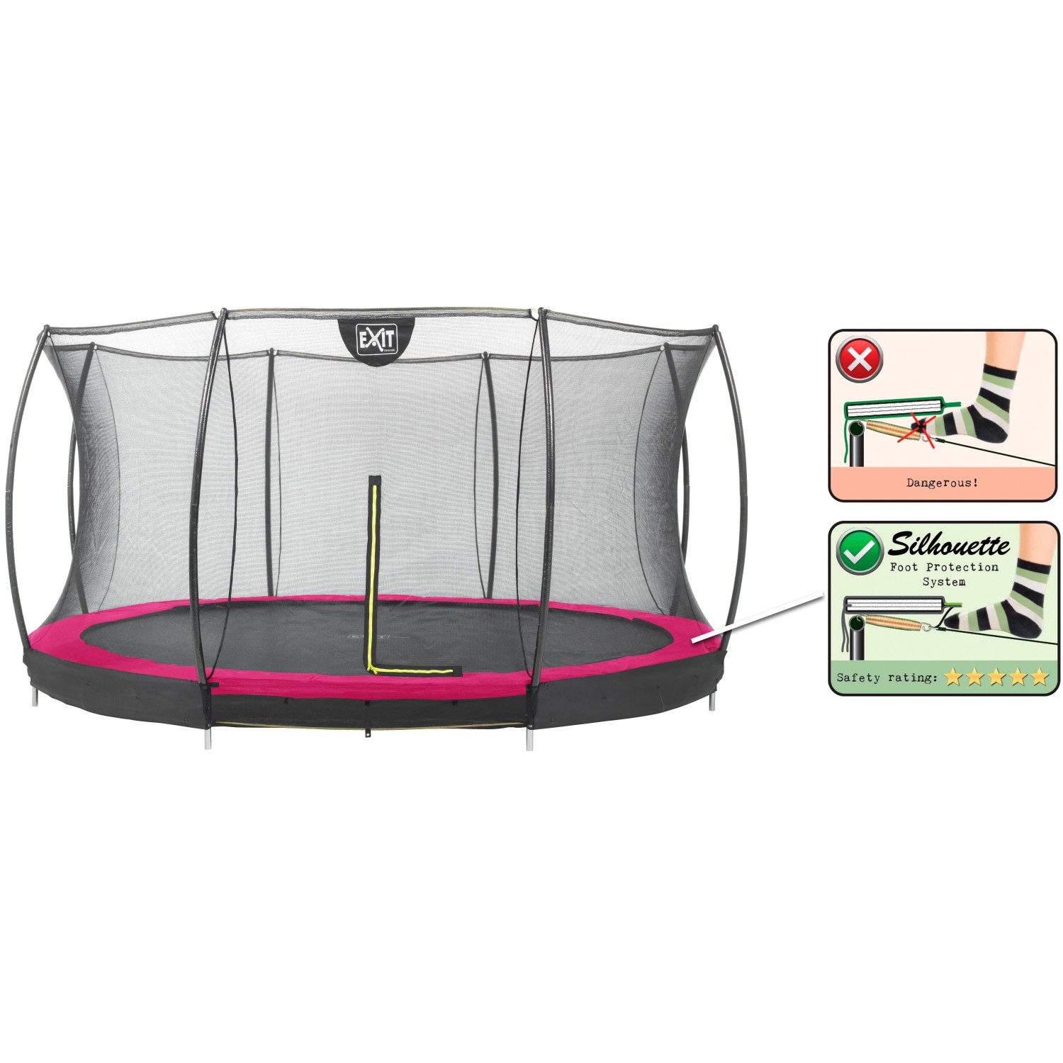 EXIT Silhouette Bodentrampolin D366cm in Rosa mit Sicherheitsnetz und Fußschutzsystem.