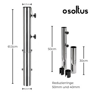 Edelstahl Bodenhülse für Sonnenschirm & Wäschespinne, Ø 63mm, mit Bajonettverschluss und Reduzierringen 50/40mm.