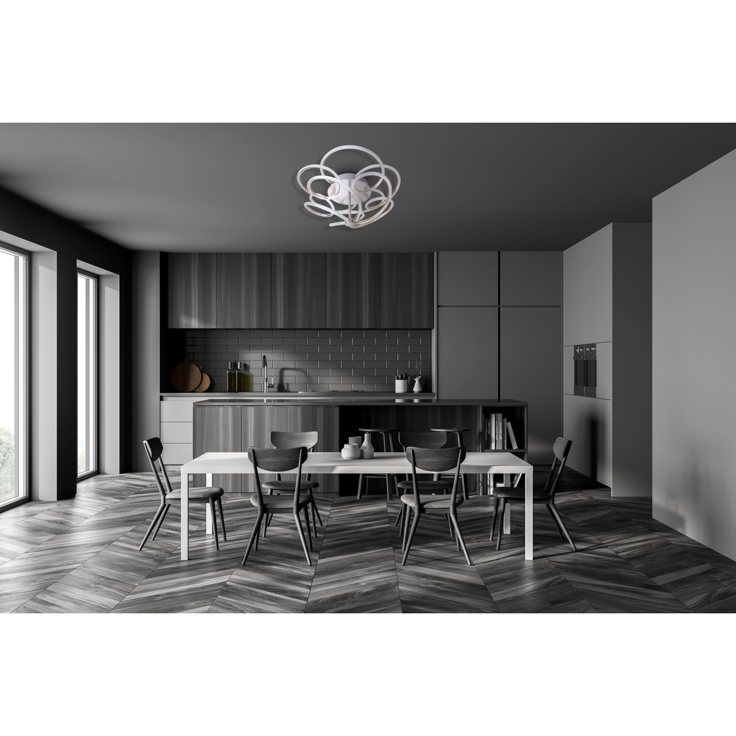 Moderne LED-Deckenleuchte Rizado in Satin-Nickel, abstraktes Design, Ø 57 cm.