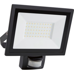 Schwarzer LED-Außenstrahler mit Sensor, 50W, 4250lm für Garten & Hof.