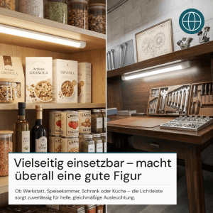 LUXULA LED Unterbauleuchte, 60cm, Weiß, montiert in Küche und Werkstatt für helle Ausleuchtung.
