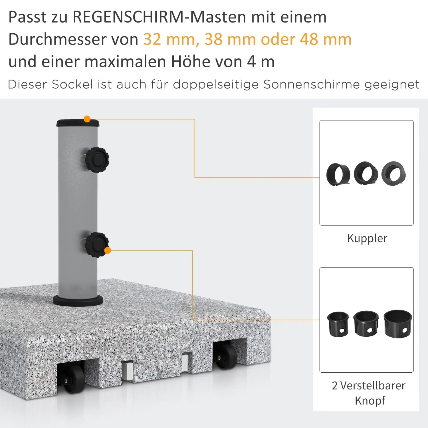 Outsunny Sonnenschirmständer aus Granit, grau, mit Rollen und Details zu Kuppler und Verstellknopf.