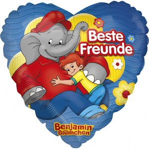 Herzförmiger Folienballon mit Benjamin Blümchen und Otto als beste Freunde, Ø 45 cm.