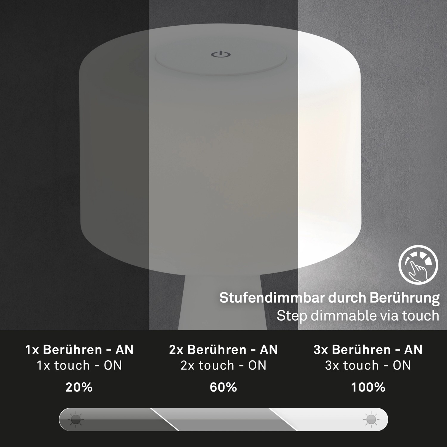 Brilo Akku-Tischleuchte Weiß: Dimmfunktion durch Berührung in 3 Stufen, für Innen & Außen.