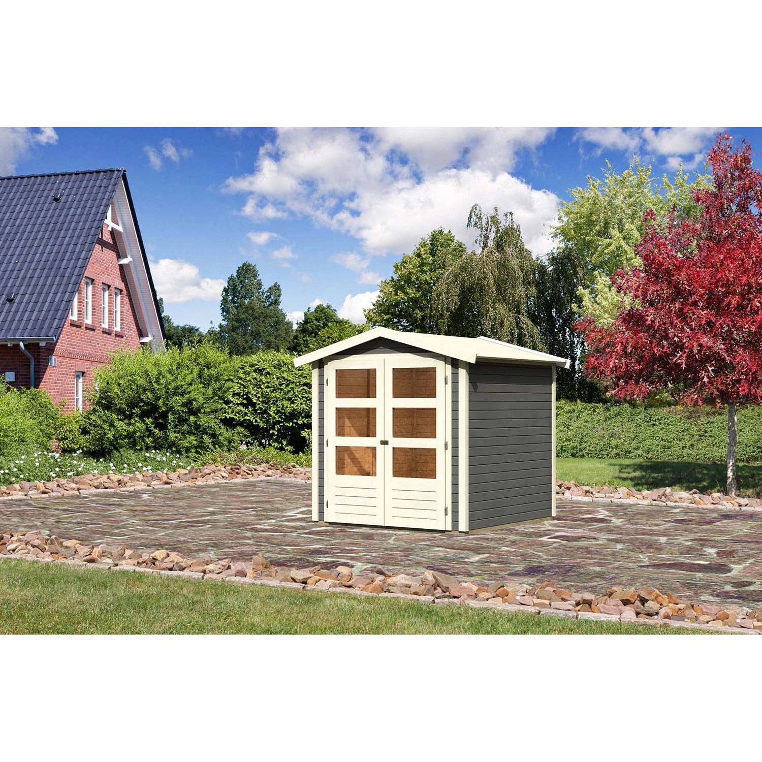 Karibu Holz-Gartenhaus Amberg Terragrau Satteldach Lackiert 182 cm x 182 cm günstig online kaufen