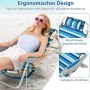 Frau entspannt in blau-weiß gestreiftem Costway Strandstuhl mit Kissen am Strand. Ergonomisches Design, klappbar.