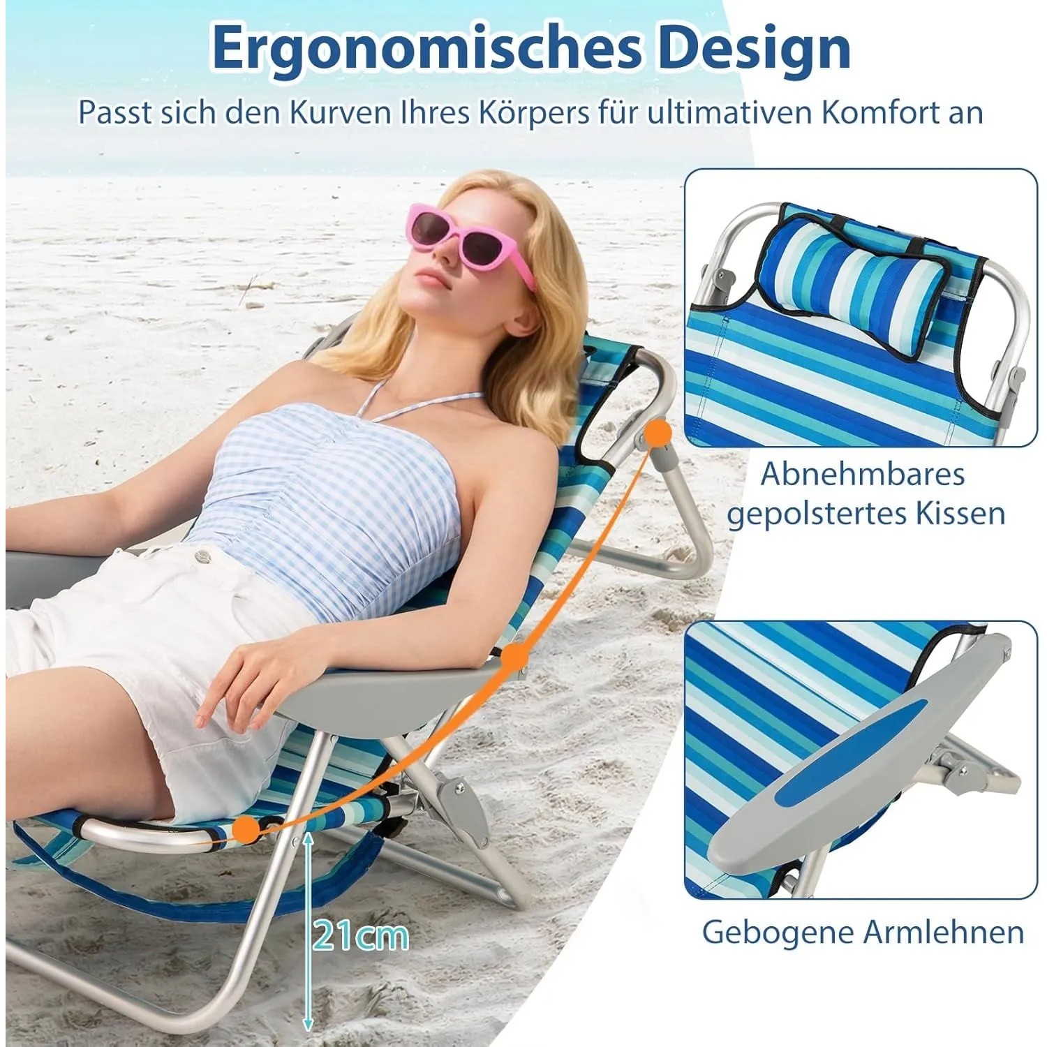 Frau entspannt in blau-weiß gestreiftem Costway Strandstuhl mit Kissen am Strand. Ergonomisches Design, klappbar.