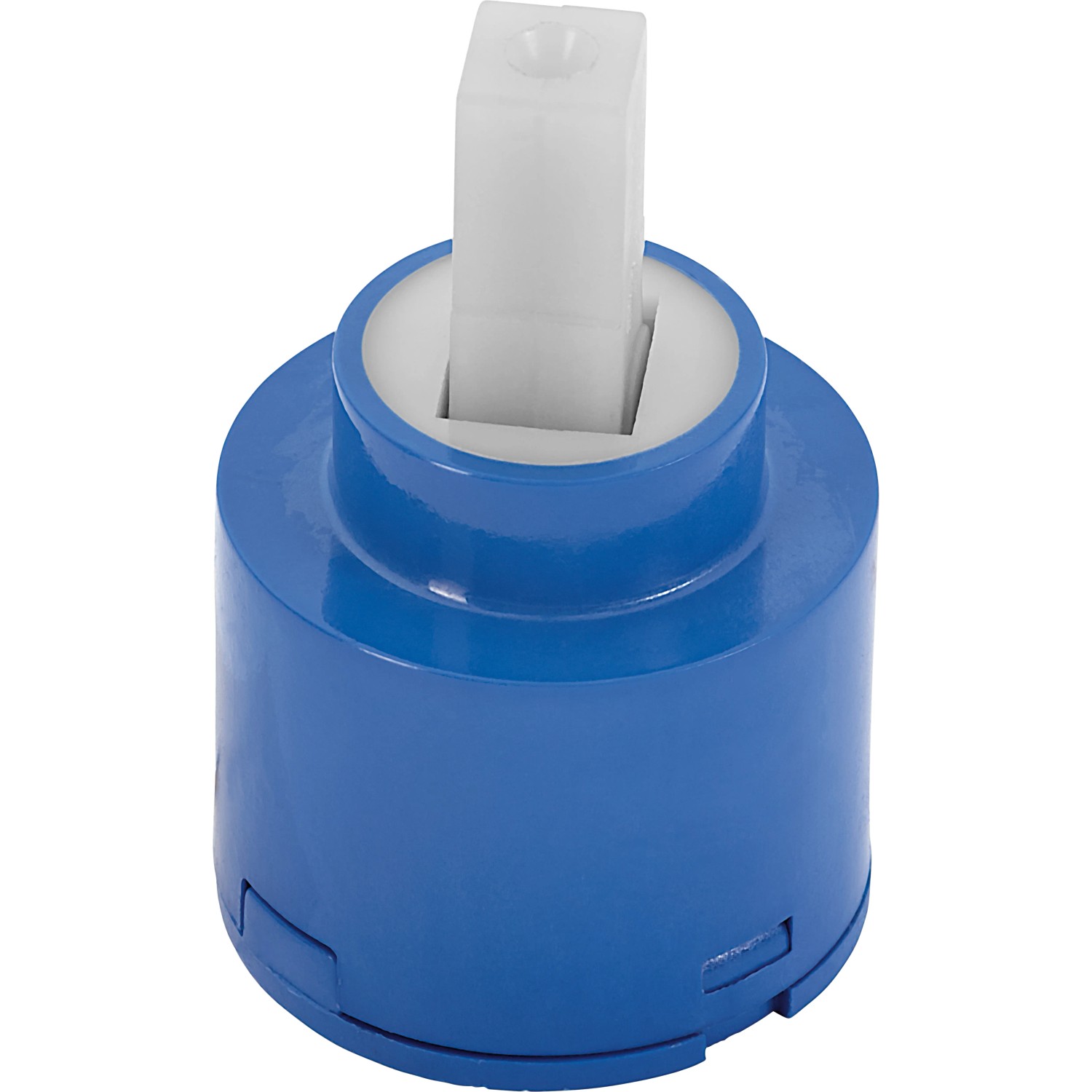 Keramikkartusche Ø 40 mm für Küchenarmatur, blaues Gehäuse, weißer Stift zur Durchfluss- und Temperaturregelung.