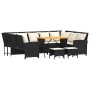 Schwarze 4-tlg. vidaXL Garten-Sofagarnitur aus Rattan mit Tisch, Sesseln, Hockern und cremefarbenen Kissen.
