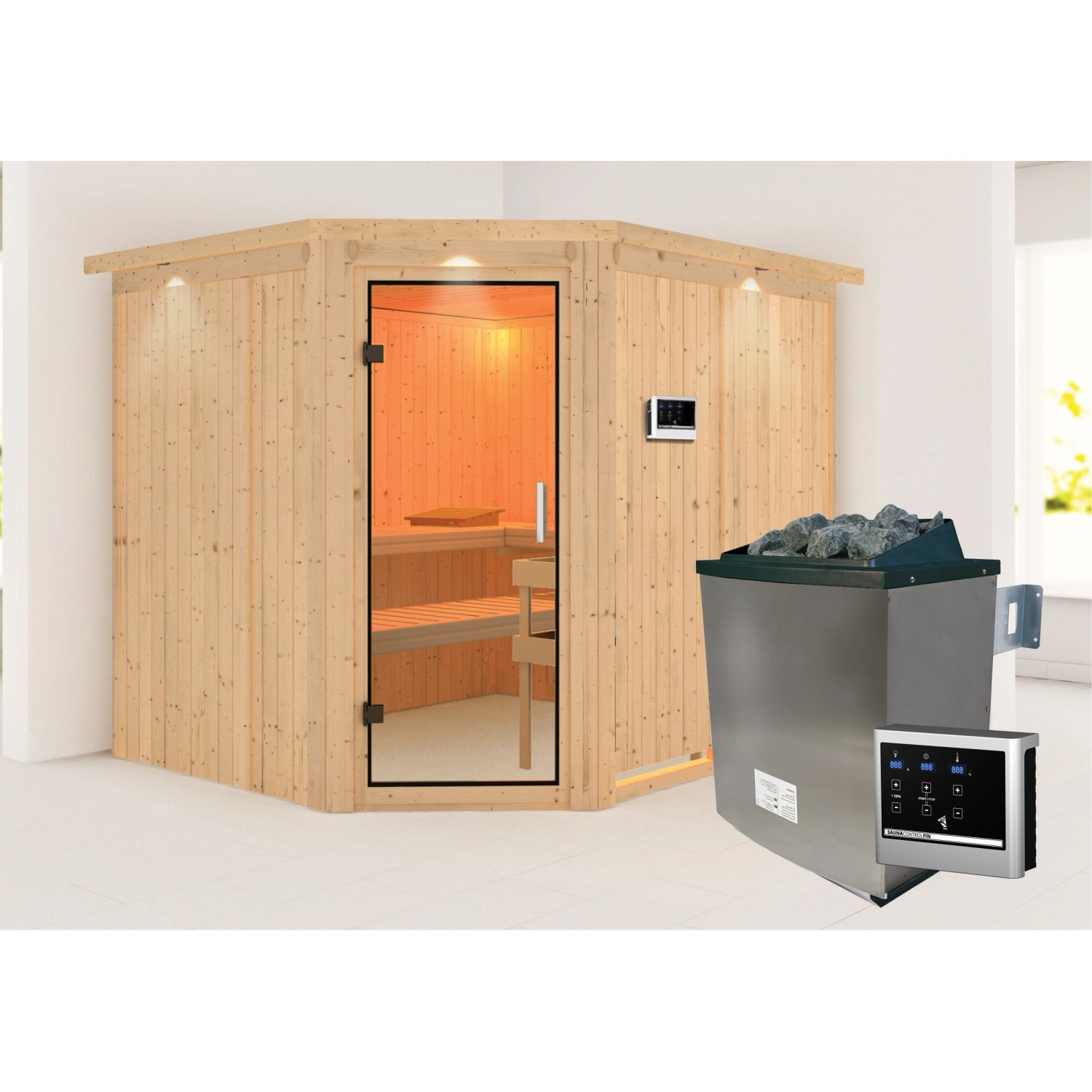 Karibu Sauna mit Ofen externe Stg.Easy LED-Dachkranz Natur günstig online kaufen