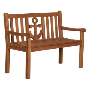 Gartenbank Anker aus Teakholz mit Anker-Motiv im Rückenteil. Robuste Gartenmöbel für den Außenbereich.