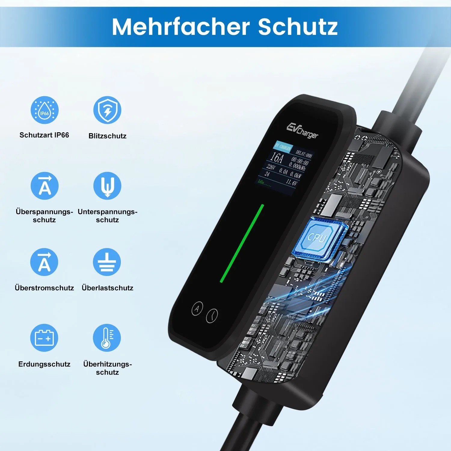 Junsun 11kW EV Ladestation mit LCD und Schutzfunktionen für Elektroautos.