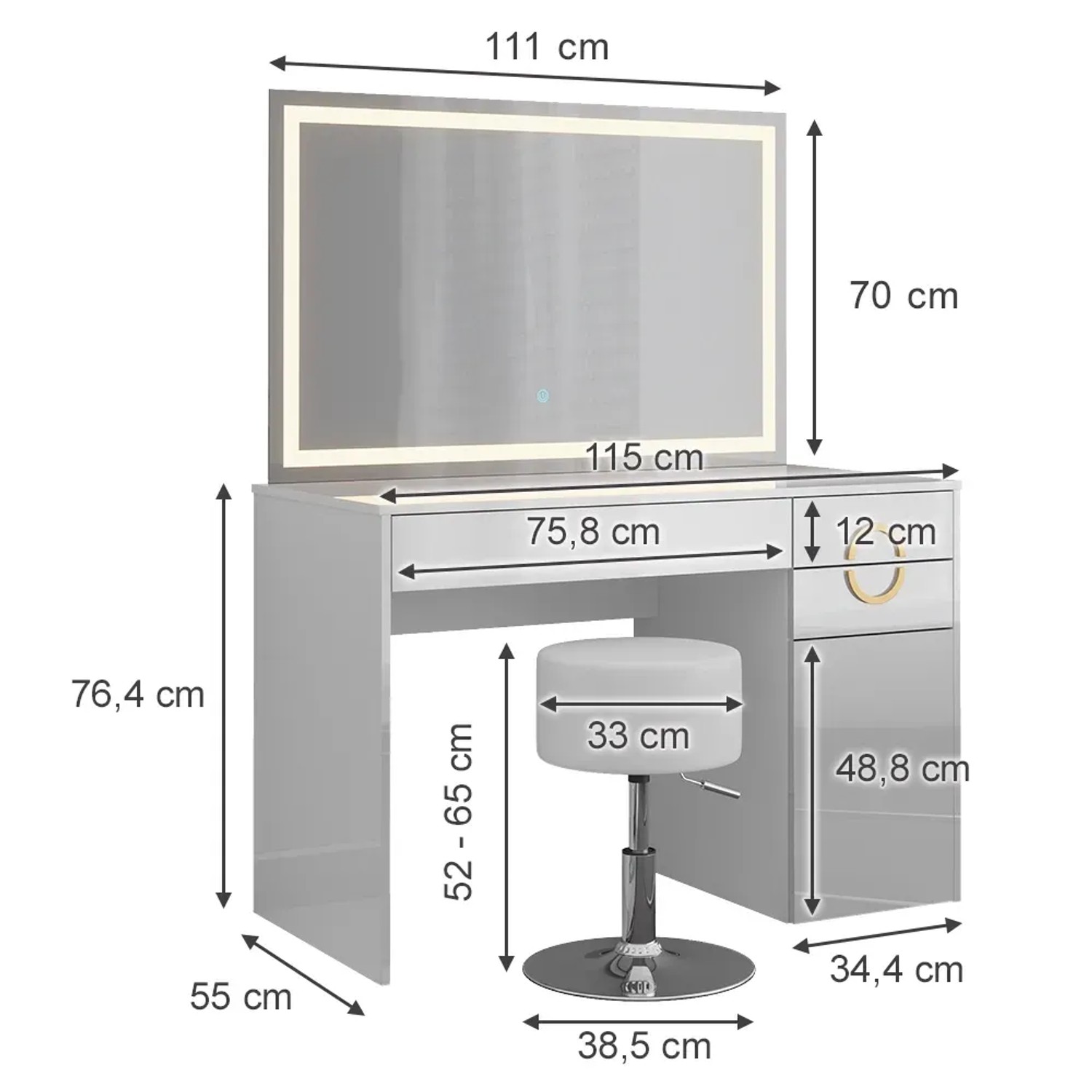 Vicco Schminktisch Adela Weiß mit LED-Spiegel und Hocker, Maße eingezeichnet.