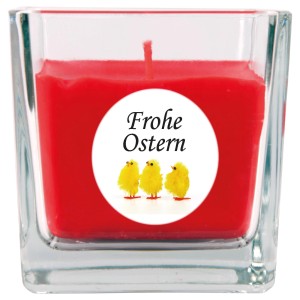 Rote Duftkerze im Glas mit "Frohe Ostern" und Küken-Motiv. Osterkerze.