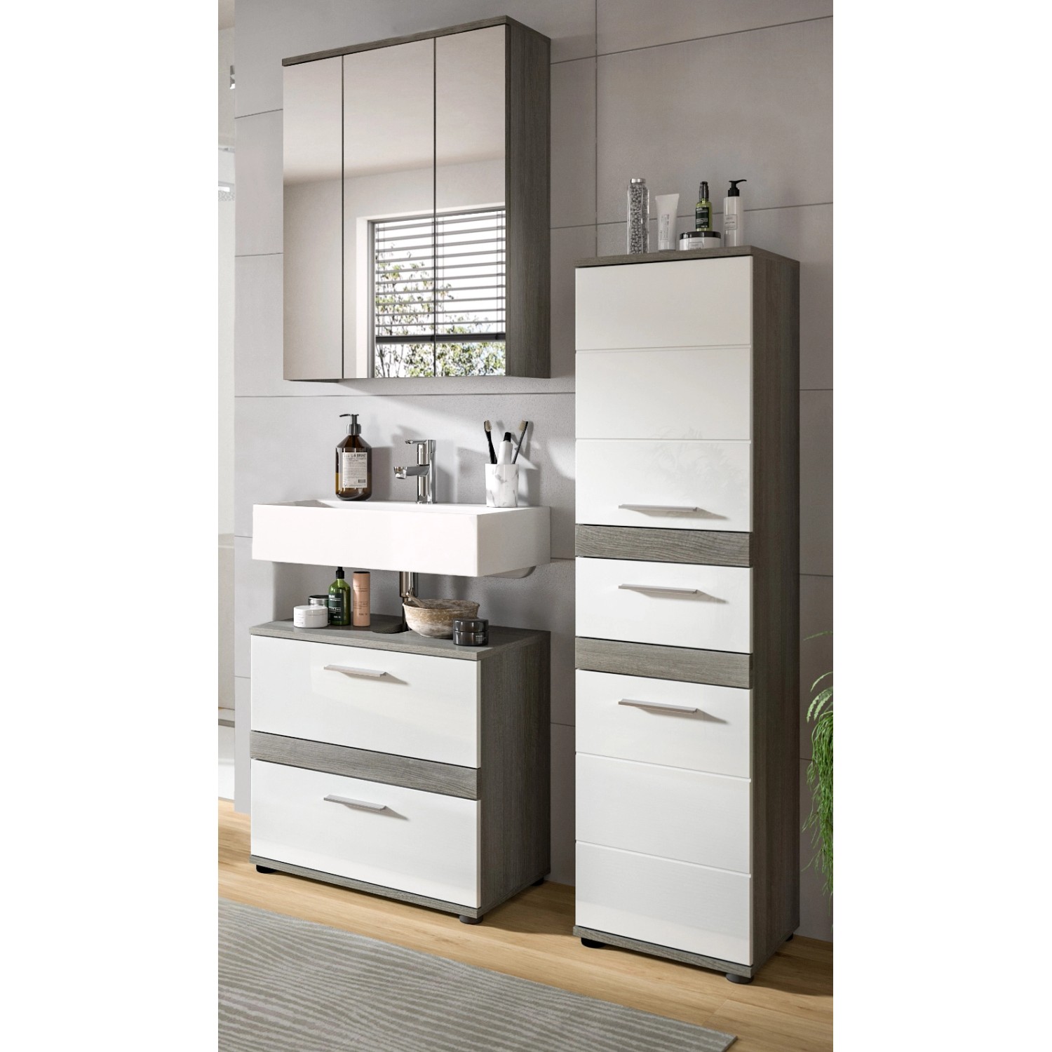 Inn.Furn Badmöbel-Set Weiß Hochglanz Grau 3-teilig 110 cm Bailey günstig online kaufen