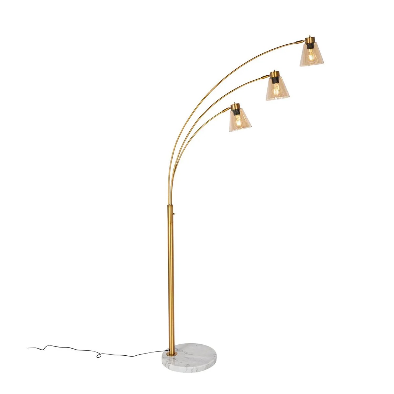 Elegante Bogenlampe Nina in Bronze mit Marmorfuß und drei braunen Glasschirmen. Innenleuchte für Wohnzimmer.