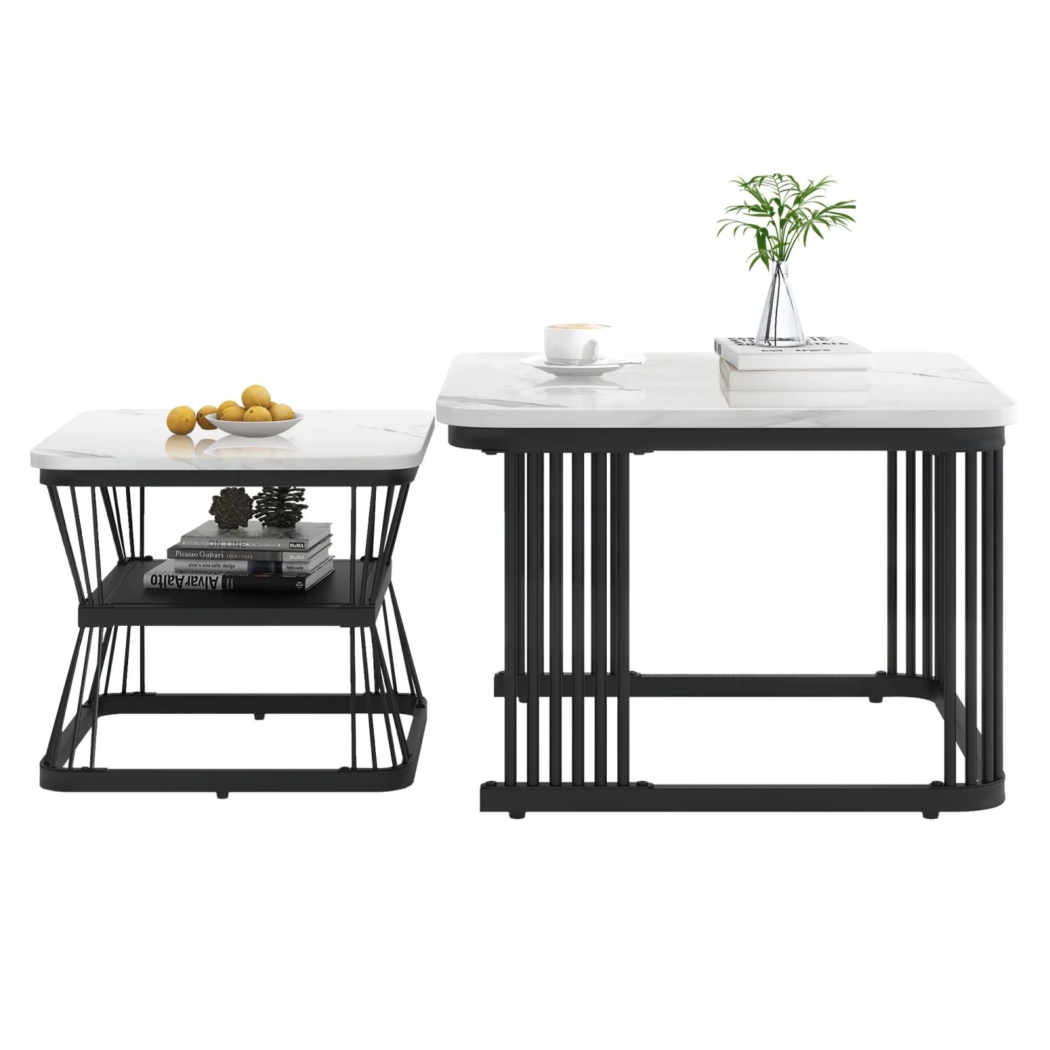 ModernLuxe 2er Set Satztische mit Ablage Marmoroptik Metallbeinen Weiß Schwarz