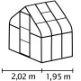 Skizze Vitavia Gewächshaus Orion 3800 Alu, 3,8 m², Maße: 231x201,5x195 cm, ideal für Gemüse, Kräuter und Pflanzen.