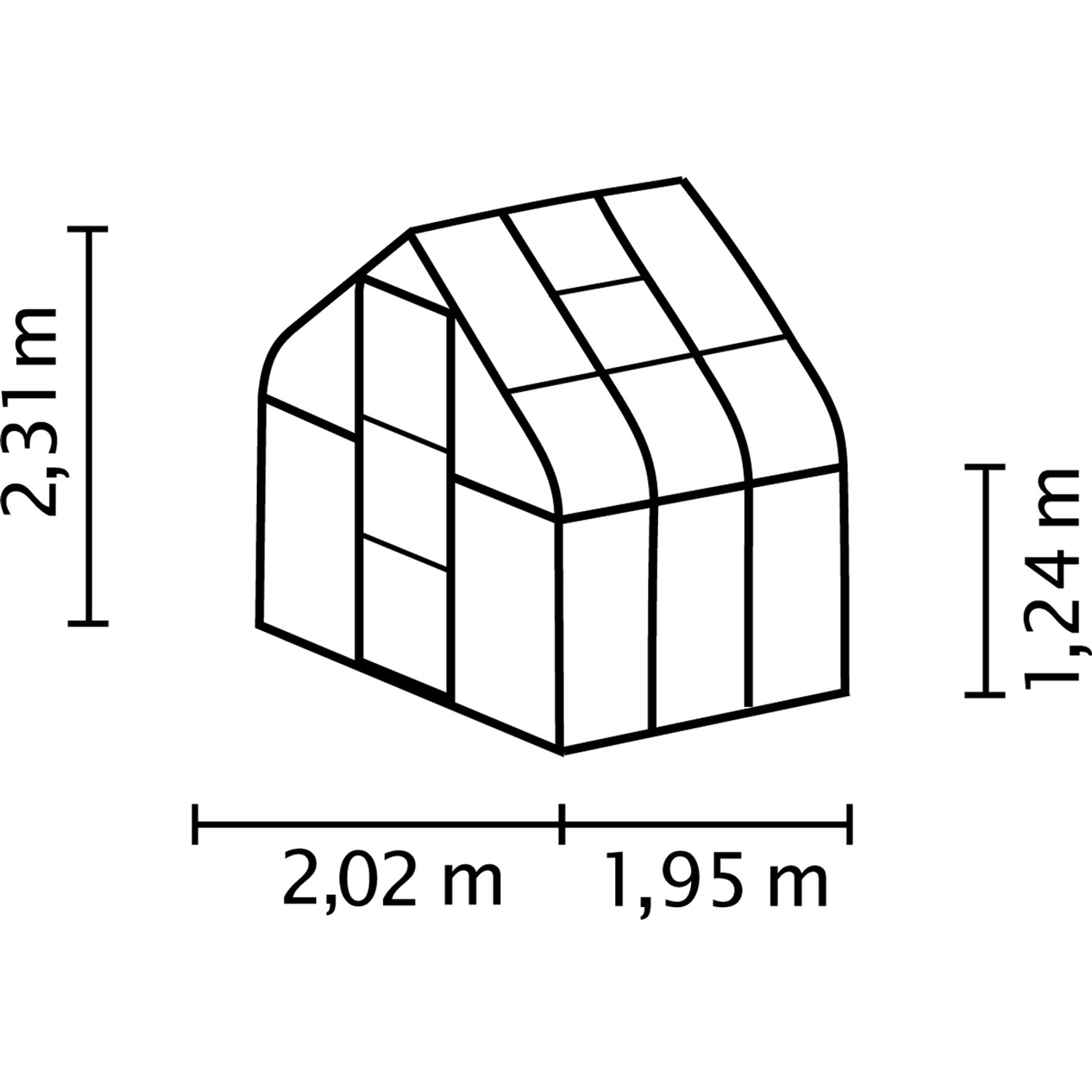 Skizze Vitavia Gewächshaus Orion 3800 Alu, 3,8 m², Maße: 231x201,5x195 cm, ideal für Gemüse, Kräuter und Pflanzen.