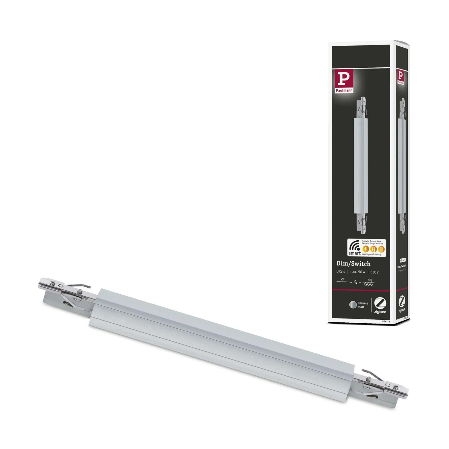 Paulmann URail Schienenadapter Zigbee 3.0 Dimm/Switch in mattem Chrom, mit Produktverpackung. Für LED-Schienensysteme.