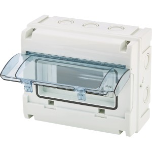 Aufputz Kleinverteiler mit transparenter Tür, 8 TE, 17x21x10,6 cm, für Elektroinstallationen.