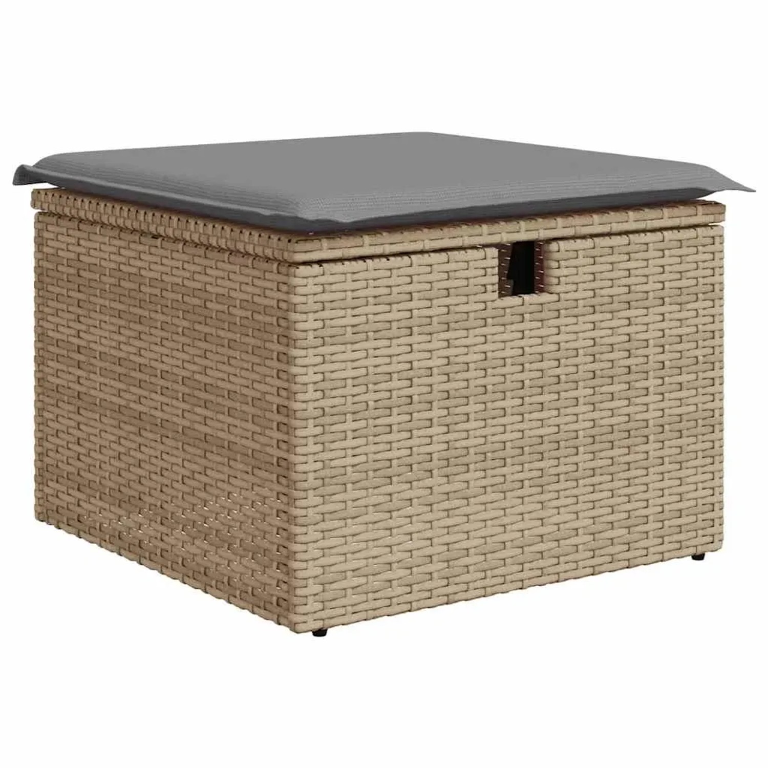 Beiger vidaXL Gartenmöbel Hocker aus Rattan mit grauem Kissen und Stauraum.