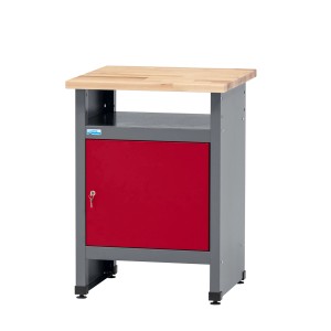 Küpper Werkbank mit Tür, Fach und Buchenholzplatte, dunkelrot. Werkbank für Werkstatt und Hobby.