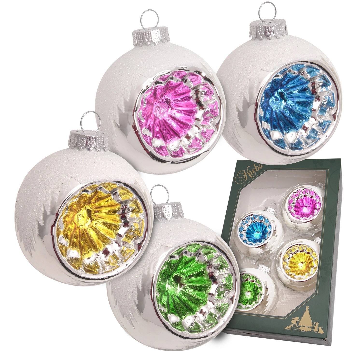 Krebs Glas Lauscha Weihnachtskugeln Weiß mit Bunten Reflexen 4-tlg. 7cm