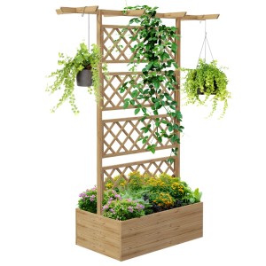Outsunny Garten-Bett aus Tannenholz mit Rankgitter und Dach für Hängepflanzen.