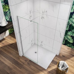 Weiße rechteckige Duschwanne 100x90x3cm mit Schiefer-Effekt und Ablaufabdeckung in moderner Duschkabine.